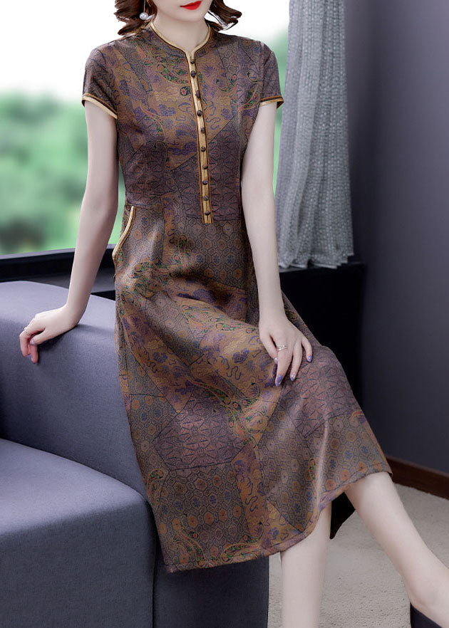 Coffee Stand Collar Print Button Patchwork Silk Dress Summer