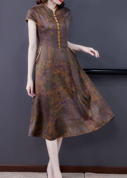 Coffee Stand Collar Print Button Patchwork Silk Dress Summer