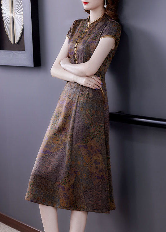 Coffee Stand Collar Print Button Patchwork Silk Dress Summer