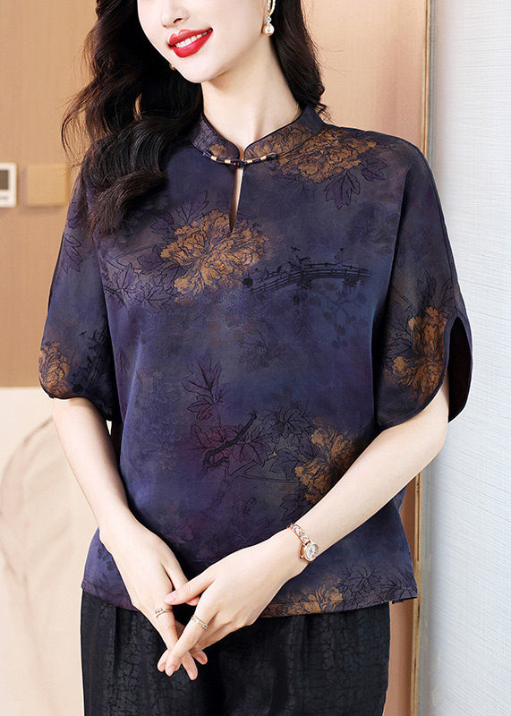 Coffee Stand Collar Print Silk Shirt Tops Summer