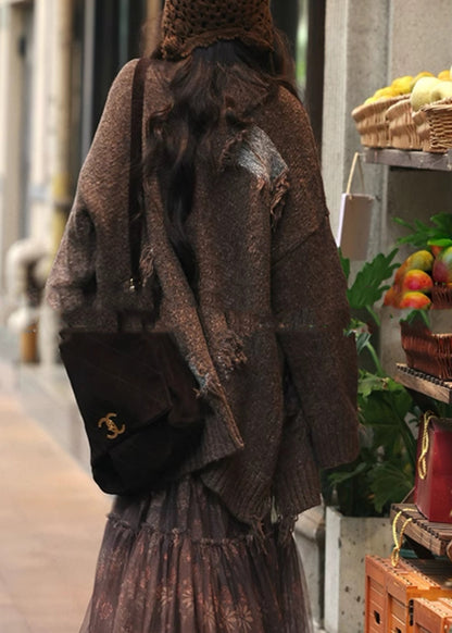 Coffee V Neck Button Cozy Cotton Knit Cardigans Spring