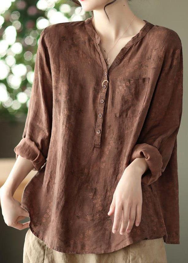 Coffee V Neck Button Patchwork Linen Shirts Spring