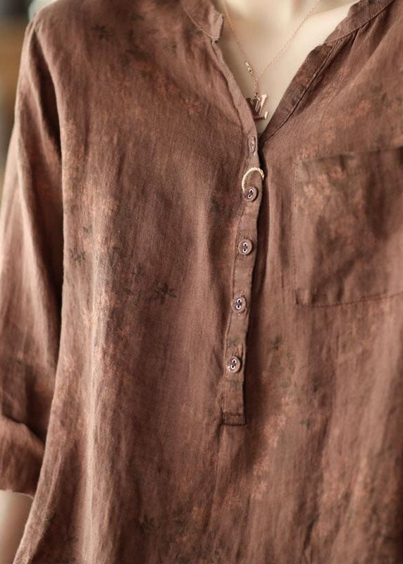 Coffee V Neck Button Patchwork Linen Shirts Spring