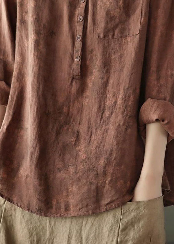 Coffee V Neck Button Patchwork Linen Shirts Spring