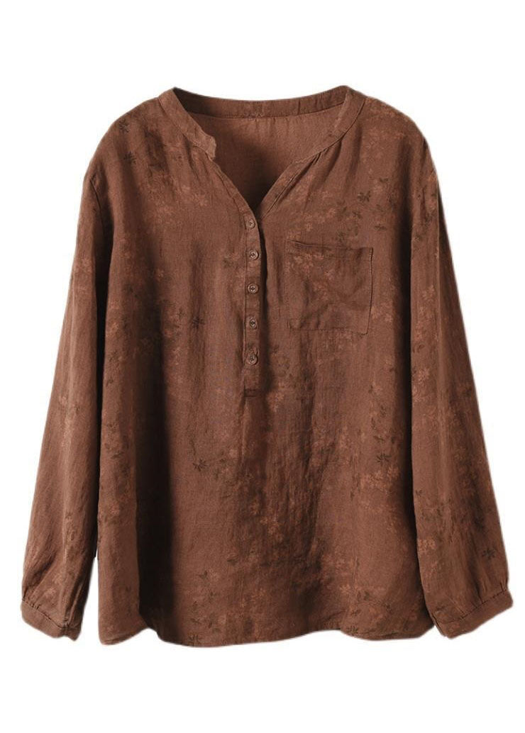 Coffee V Neck Button Patchwork Linen Shirts Spring