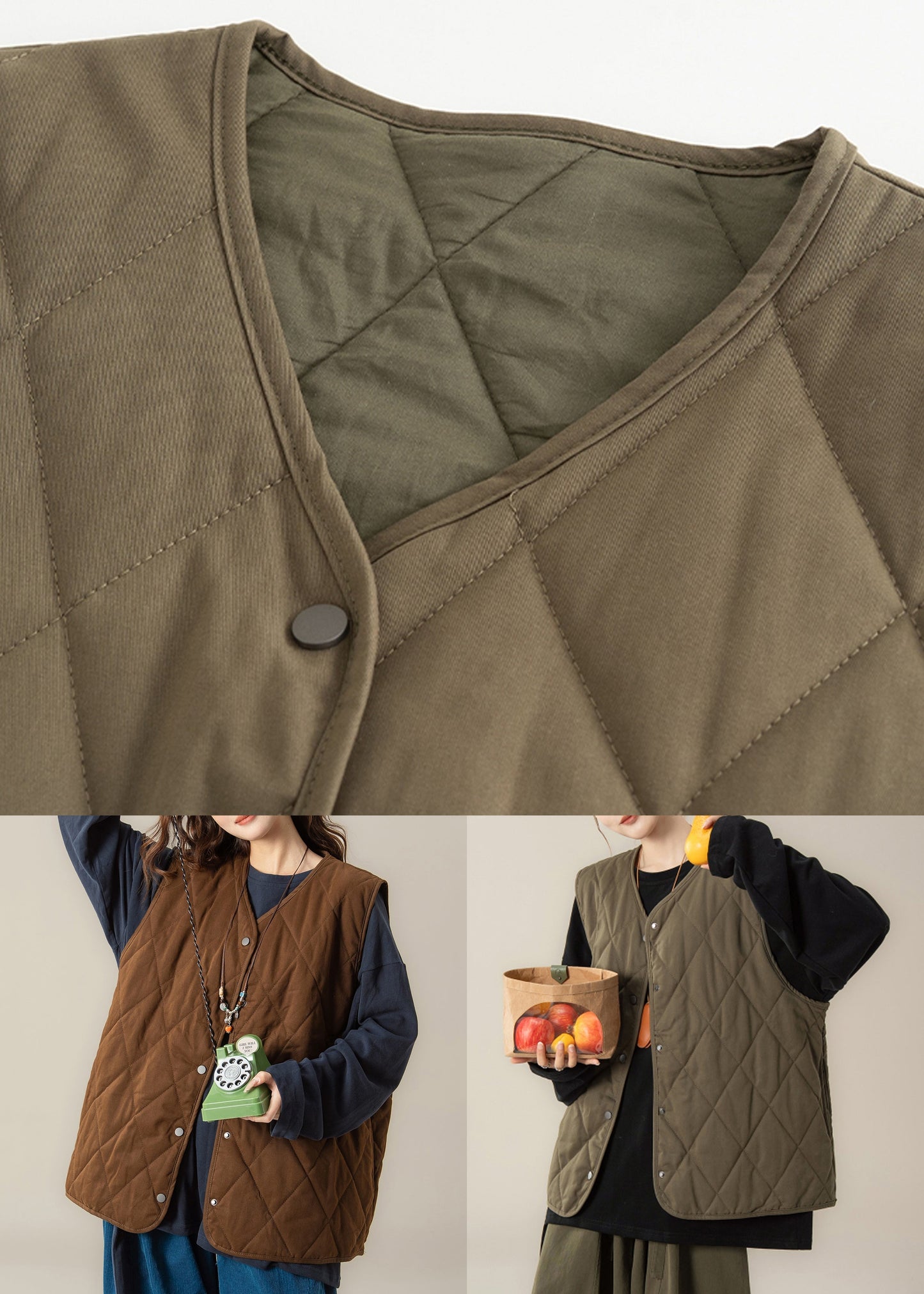 Coffee V Neck Button Cotton Filled Two Pieces Set Sleeveless