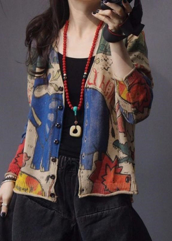 Coffee V Neck Print Button Knit Cardigan Spring