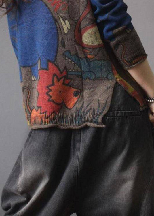 Coffee V Neck Print Button Knit Cardigan Spring
