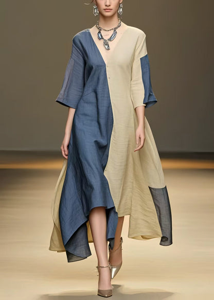 Colorblock Asymmetrical Patchwork Cotton a Line Dress Summer