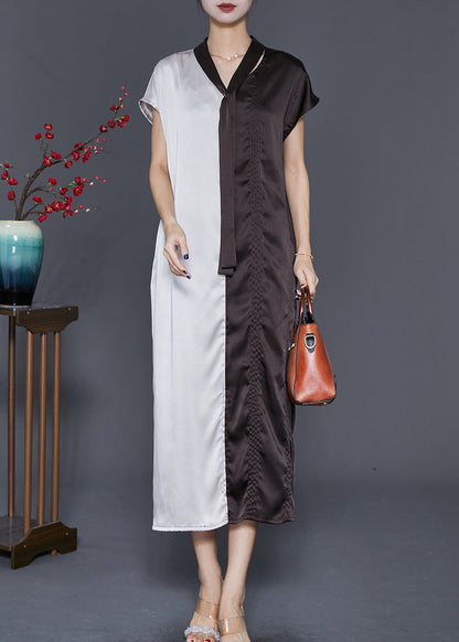Colorblock Bow Neck Patchwork Silk Long Dresses Summer