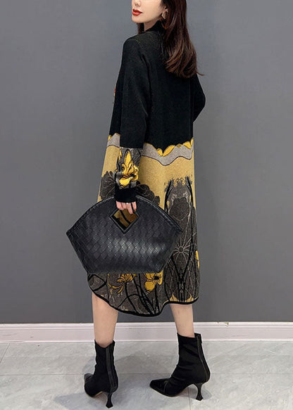 Colorblock Hign Neck Patchwork Print Knitted Dress Winter