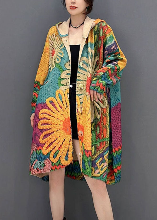 Colorblock Hooded Print Knit Loose Coats Fall