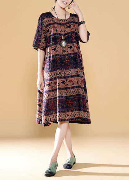 Colorblock O Neck Print Patchwork Linen Dress Summer