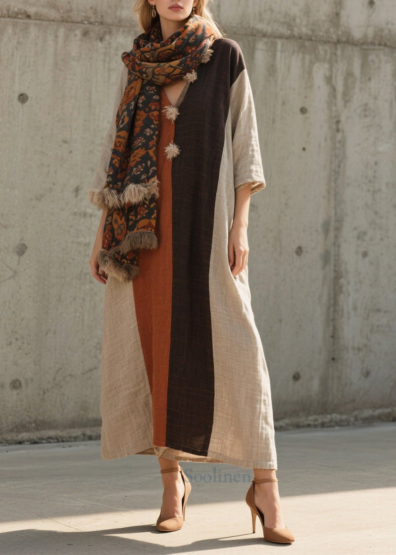 Colorblock Oversized Patchwork Cotton Long Dresses Bracelet Sleeve