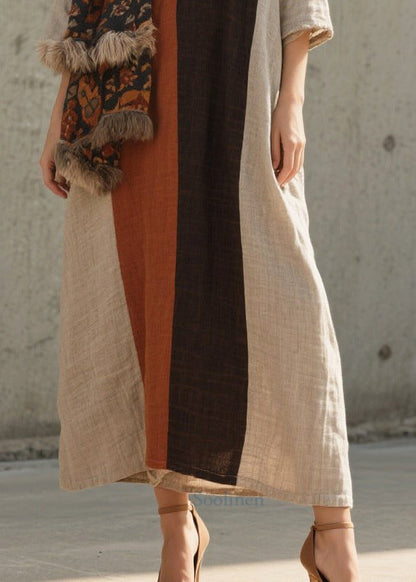 Colorblock Oversized Patchwork Cotton Long Dresses Bracelet Sleeve