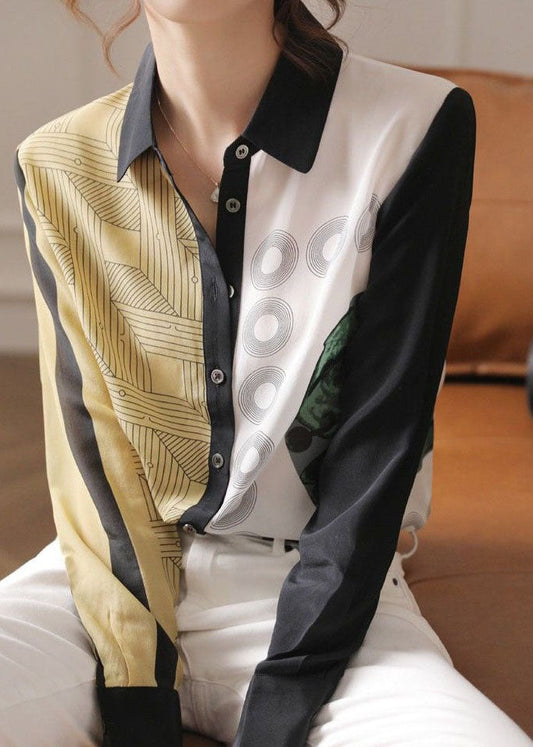 Colorblock Peter Pan Collar Button Print Silk Shirt Spring