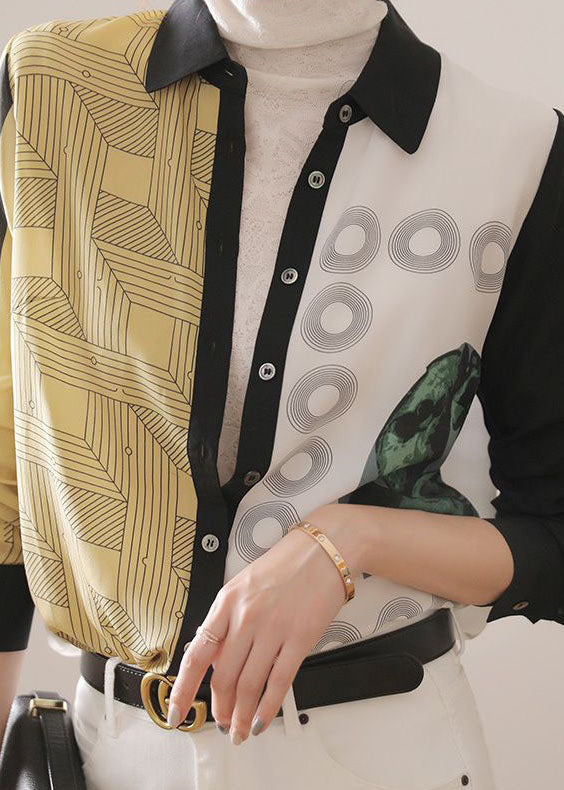 Colorblock Peter Pan Collar Button Print Silk Shirt Spring