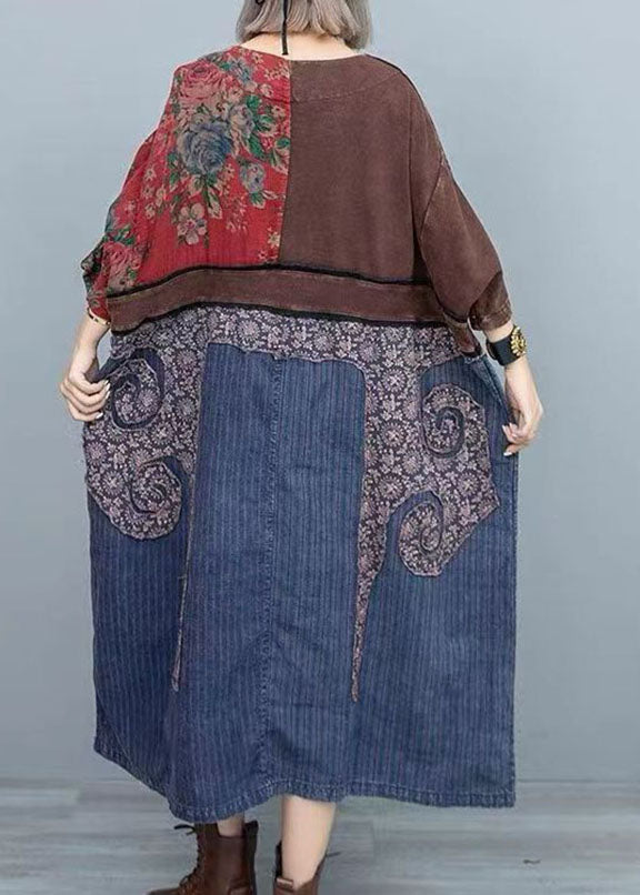 Colorblock Print Patchwork Denim Maxi Dresses Long Sleeve