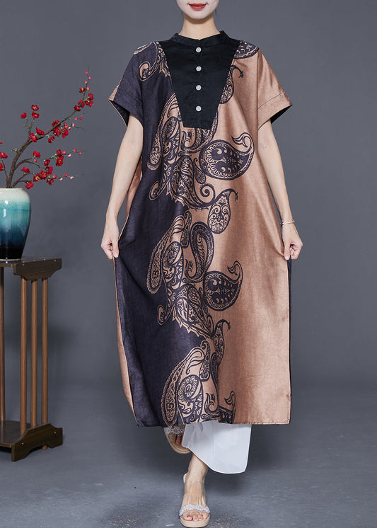 Colorblock Stand Collar Print Silk Long Dresses Summer