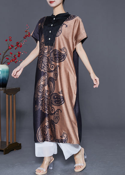 Colorblock Stand Collar Print Silk Long Dresses Summer