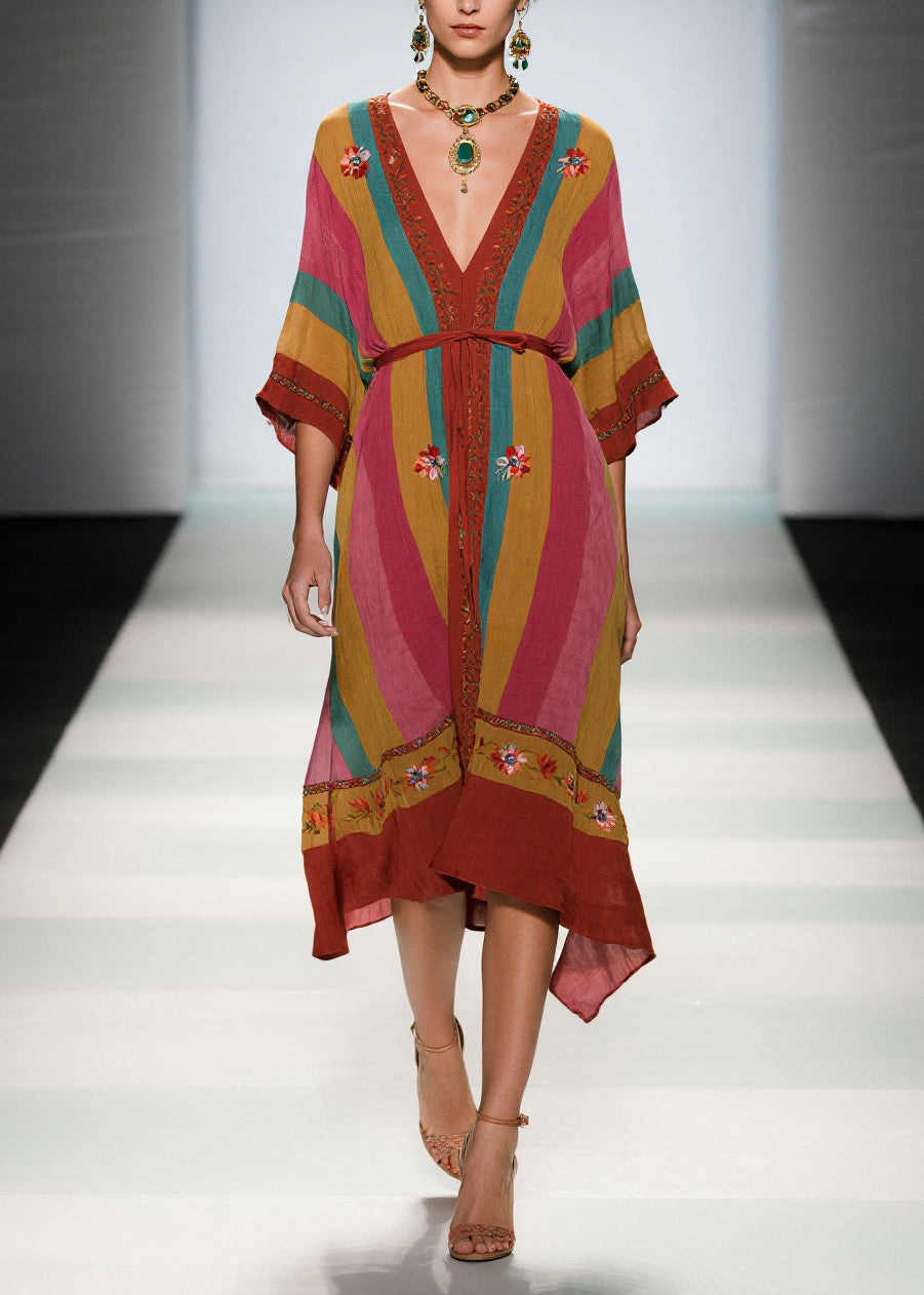 Colorblock Tie Waist Cotton Maxi Dress Summer