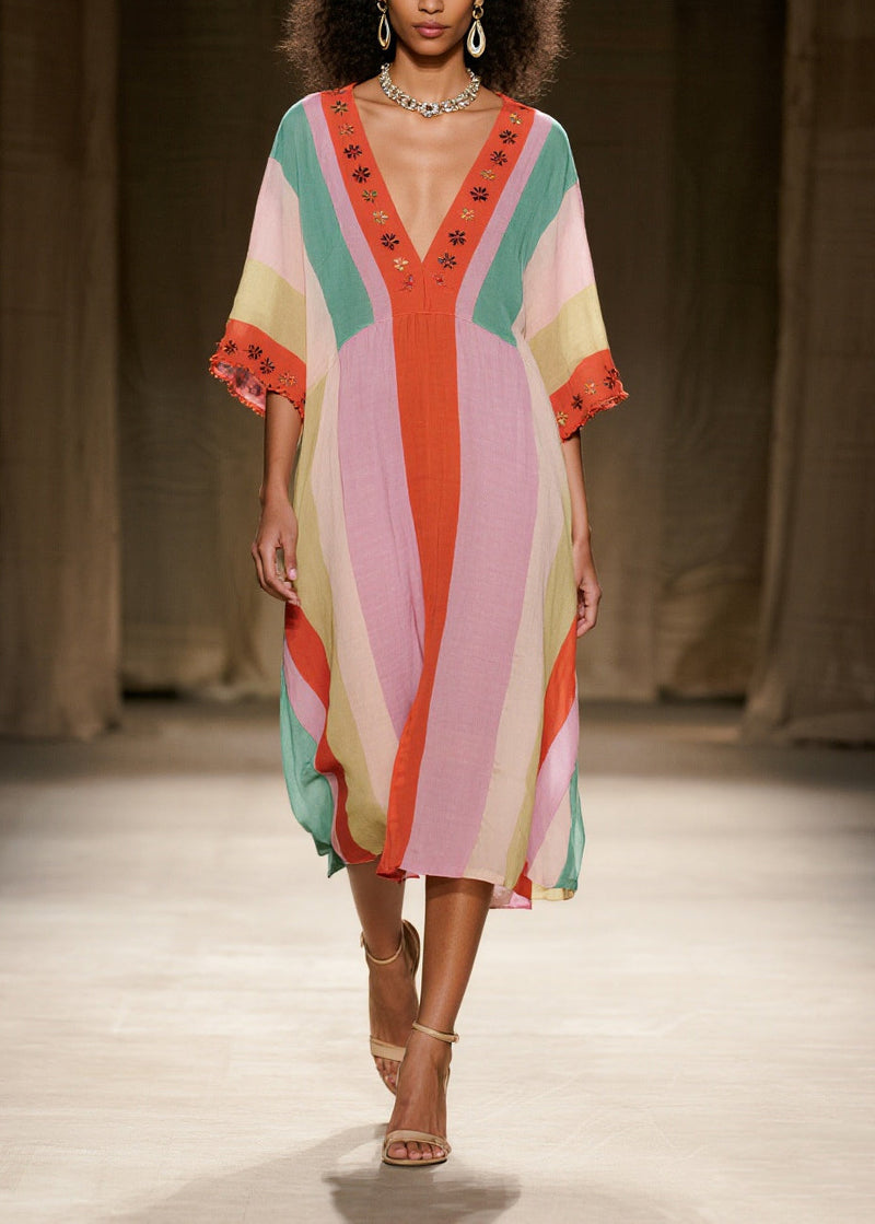 Colorblock V Neck Cotton Dresses Summer