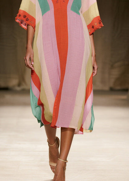 Colorblock V Neck Cotton Dresses Summer