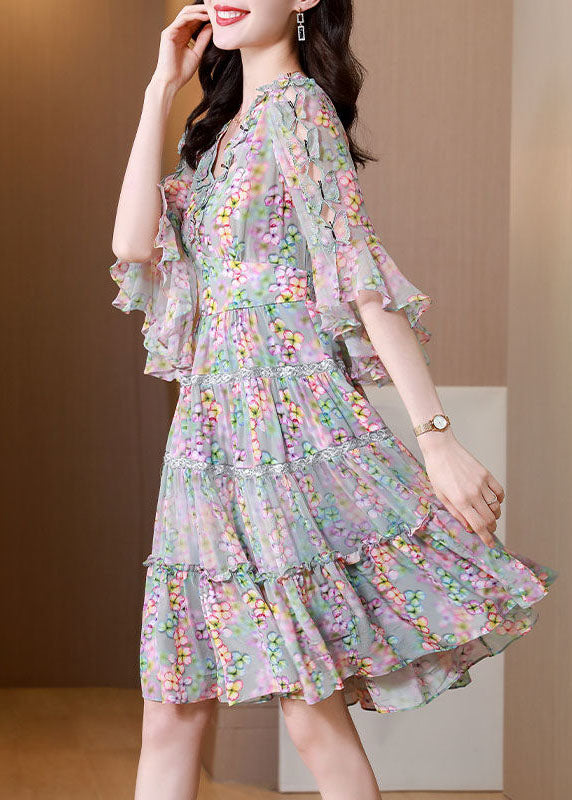 Colorblock V Neck Ruffled Patchwork Print Silk Dress Summer