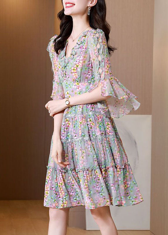 Colorblock V Neck Ruffled Patchwork Print Silk Dress Summer