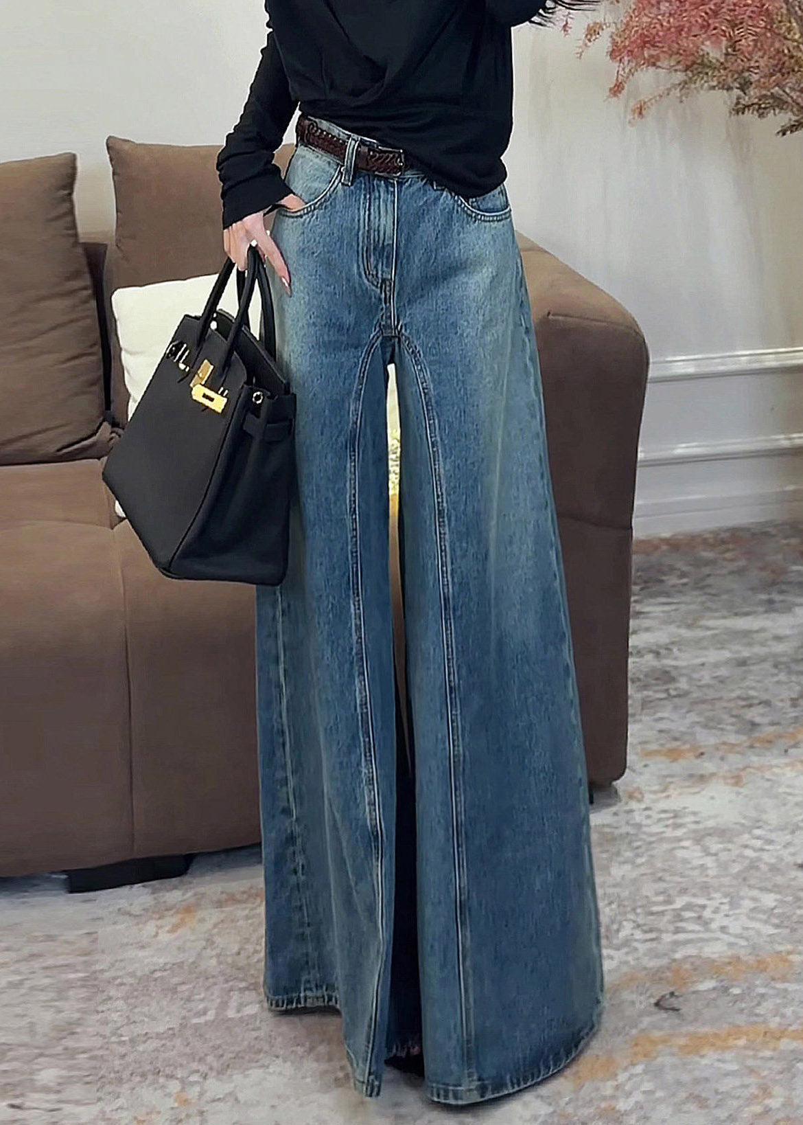 Dark Blue High Waist Pockets Draping Wide Leg Jeans Summer