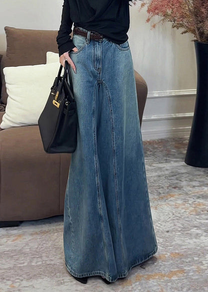 Dark Blue High Waist Pockets Draping Wide Leg Jeans Summer
