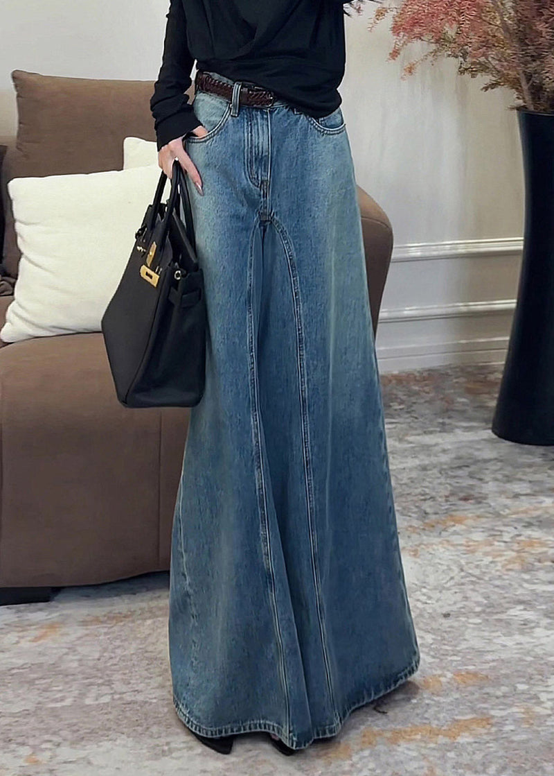 Dark Blue High Waist Pockets Draping Wide Leg Jeans Summer