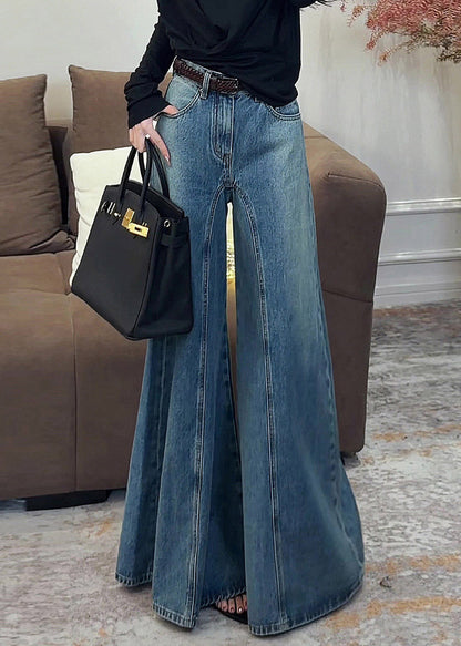 Dark Blue High Waist Pockets Draping Wide Leg Jeans Summer
