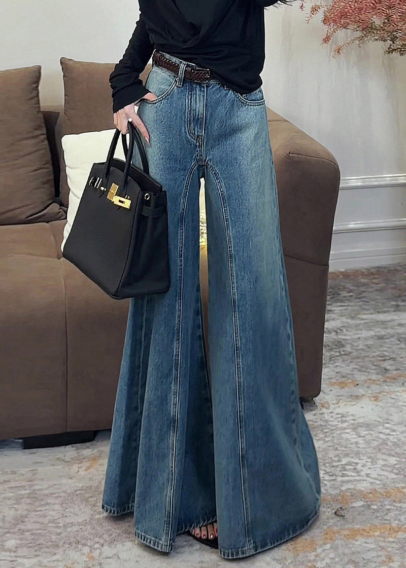 Dark Blue High Waist Pockets Draping Wide Leg Jeans Summer