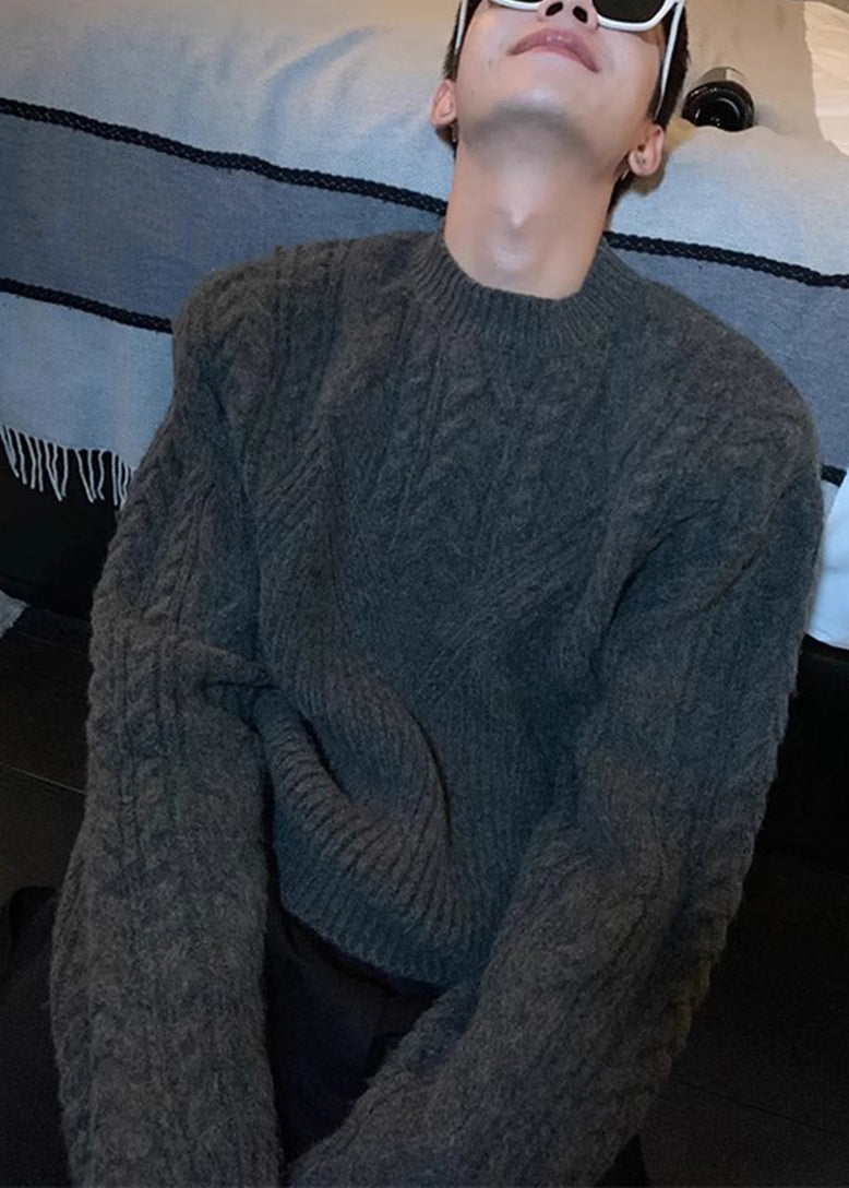 Dark Gray O Neck Thick Cable Knit Sweaters Spring