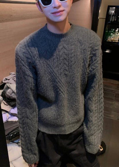 Dark Gray O Neck Thick Cable Knit Sweaters Spring