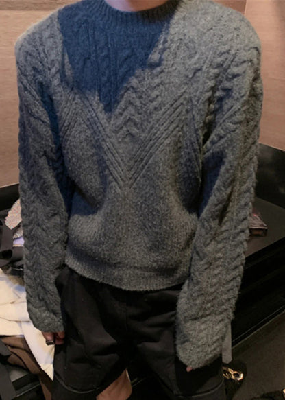 Dark Gray O Neck Thick Cable Knit Sweaters Spring