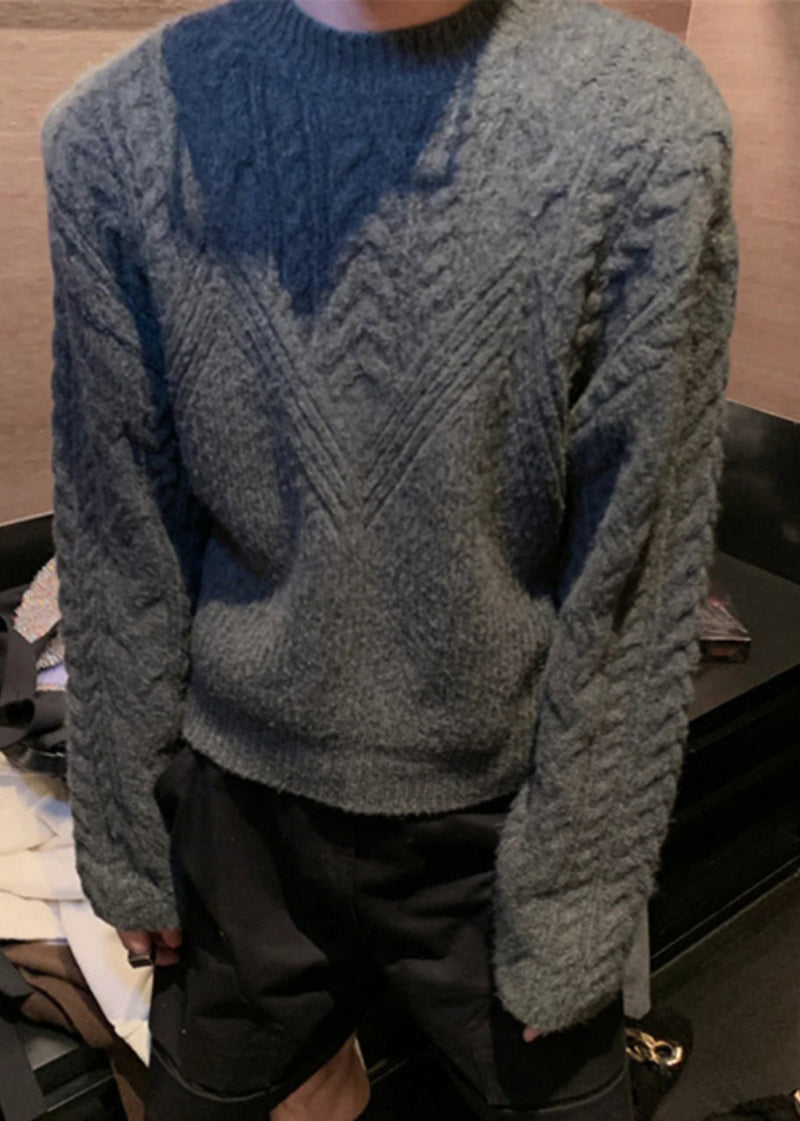 Dark Gray O Neck Thick Cable Knit Sweaters Spring