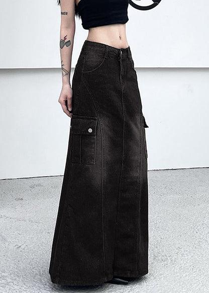 Dark Gray Pockets Side Open Denim Skirt Summer