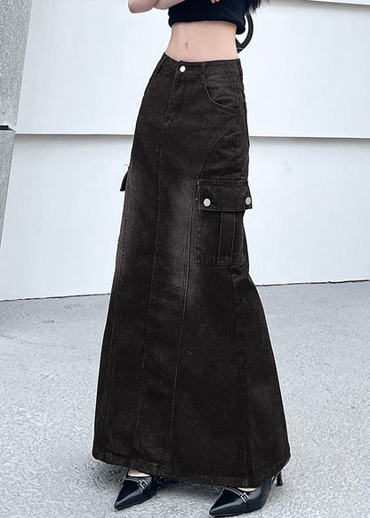 Dark Gray Pockets Side Open Denim Skirt Summer