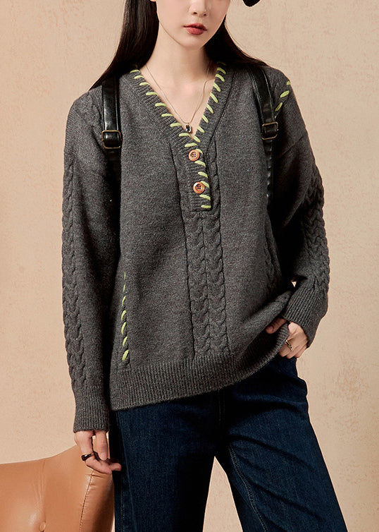 Dark Gray V Neck Cable Cotton Knit Sweater Winter