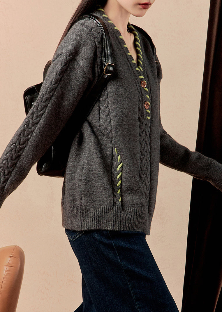Dark Gray V Neck Cable Cotton Knit Sweater Winter