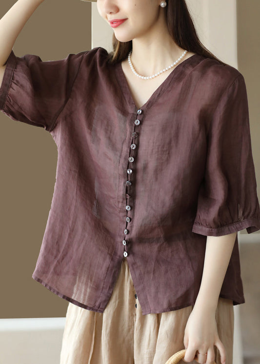Deep Red V Neck Button Patchwork Linen Shirt Top Summer