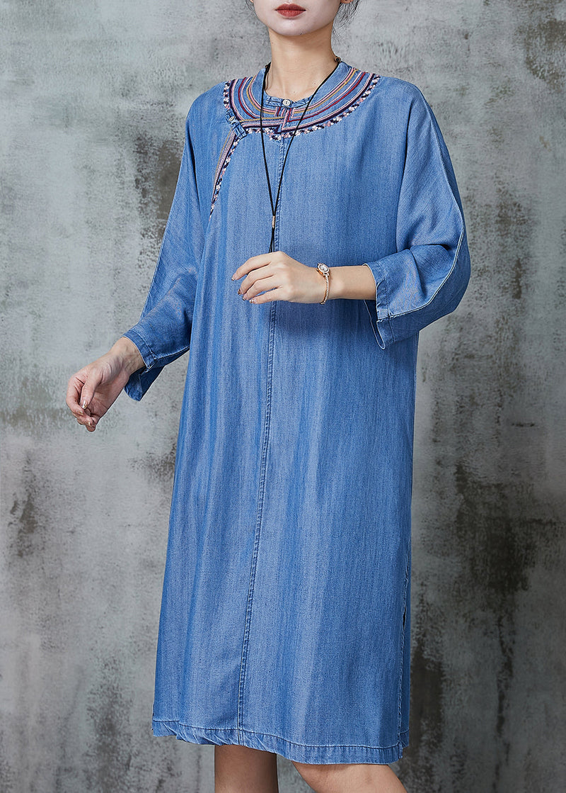 Denim Blue Embroidered Side Open Dresses Summer