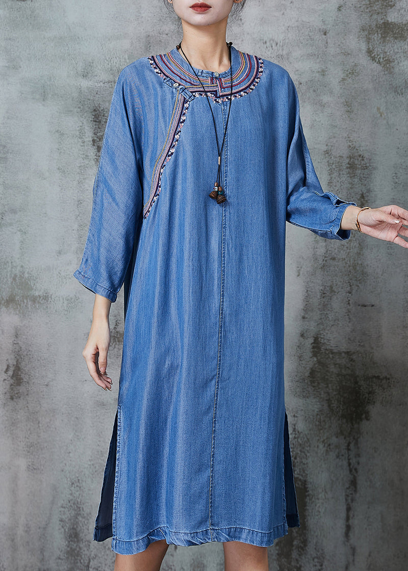 Denim Blue Embroidered Side Open Dresses Summer