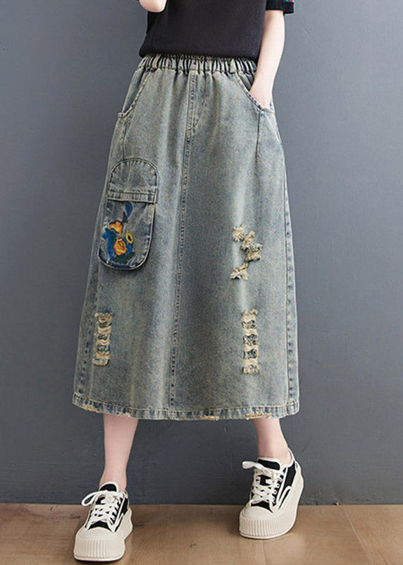Denim Blue Hole Elastic Waist a Line Skirts Summer