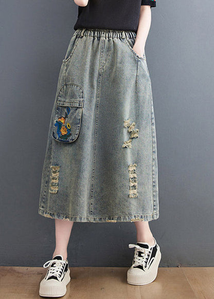 Denim Blue Hole Elastic Waist a Line Skirts Summer