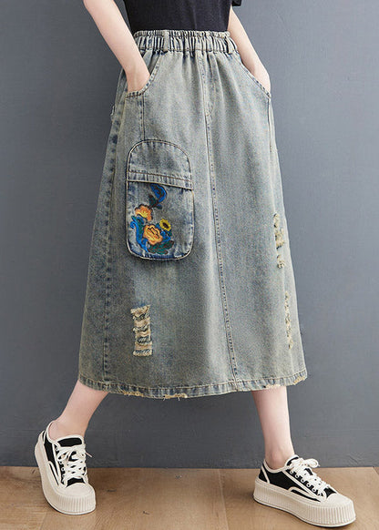 Denim Blue Hole Elastic Waist a Line Skirts Summer