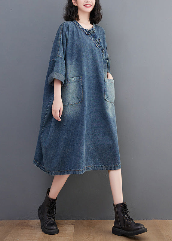 Denim Blue O-neck Patchwork Button Long Dress Long Sleeve