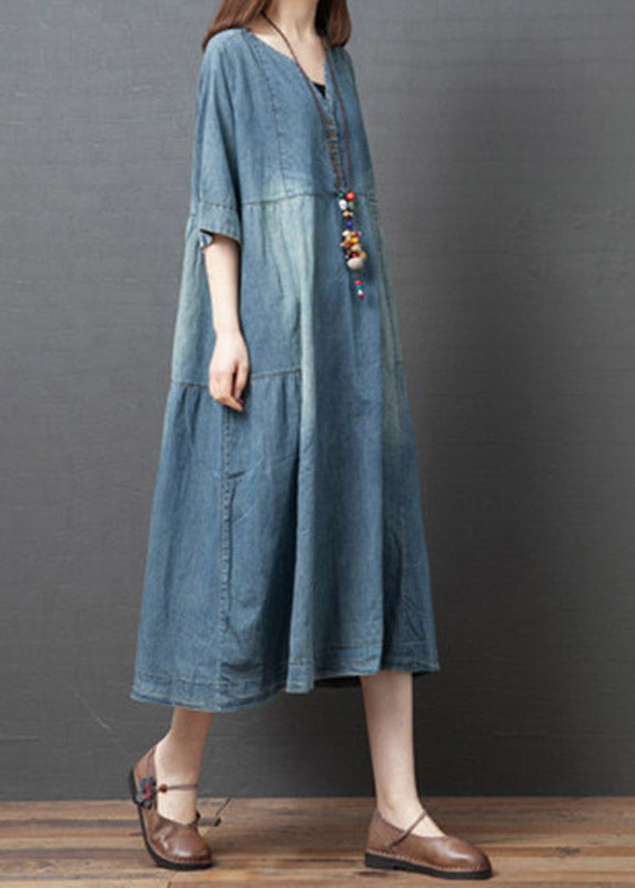 Denim Blue V Neck Patchwork Dresses Half Sleeve